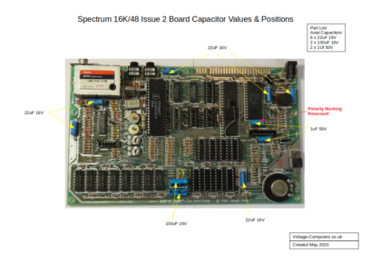 Picture of Sinclair Spectrum issue 2 motherboard showing capacitor positions and values